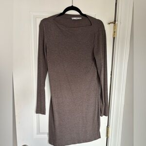 Mango Jersey knit boat neck dress in brown.
